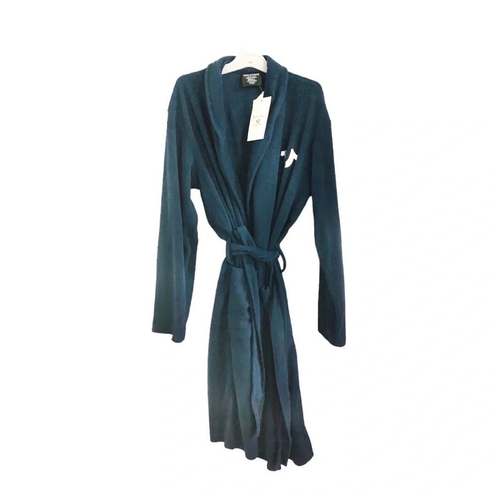 True Religion dark navy blue fleece silver logo lounge bath robe size small new‎